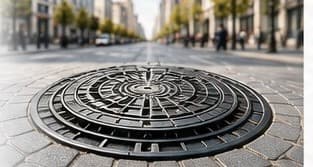Capac de canalizare din fontă pe o șosea pavată
